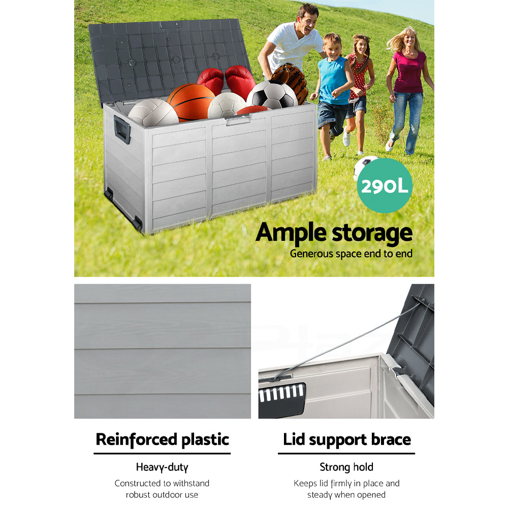 Outdoor Storage Box 290L – Grey Deck Organizer with Lockable Lid & Wheels