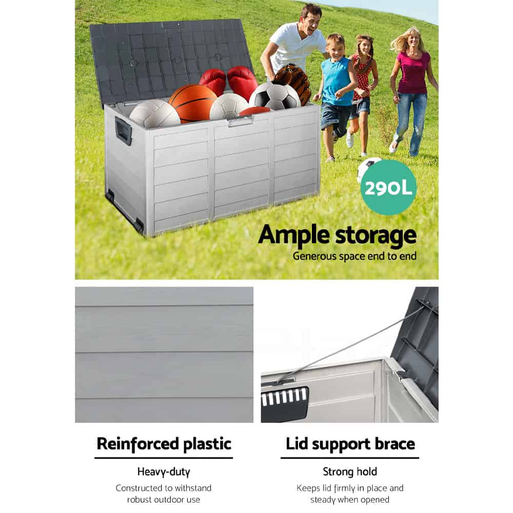 Outdoor Storage Box 290L – Grey Deck Organiser with Lockable Lid & Wheels