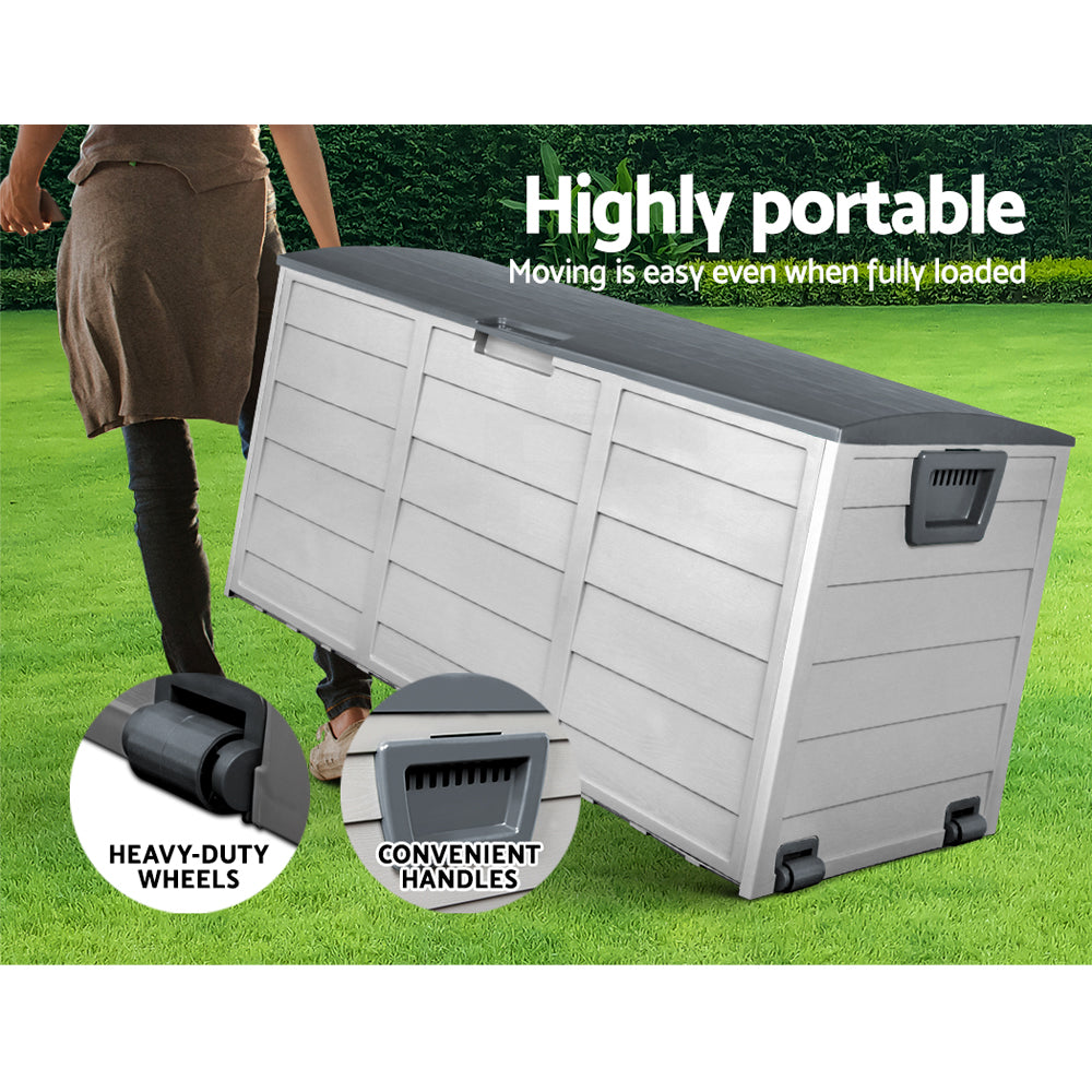 Outdoor Storage Box 290L – Grey Deck Organizer with Lockable Lid & Wheels