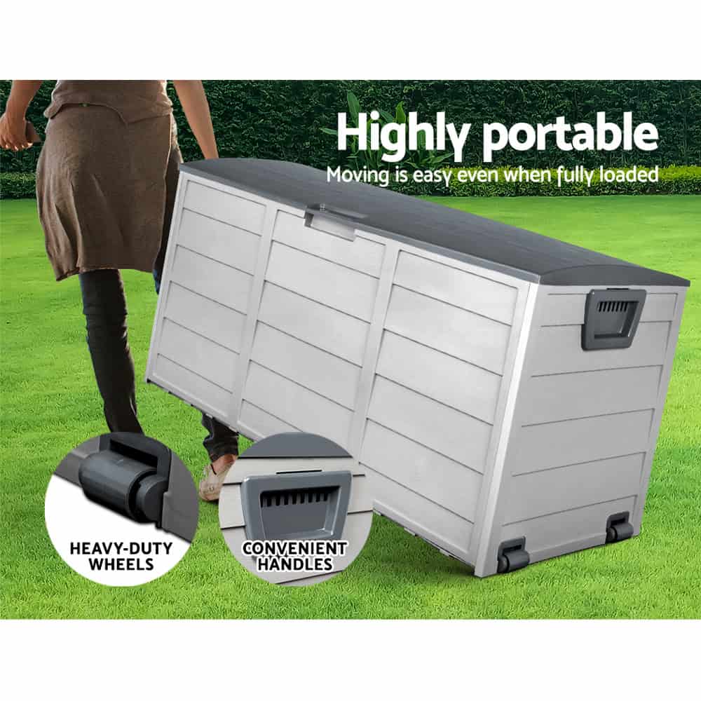 Outdoor Storage Box 290L – Grey Deck Organiser with Lockable Lid & Wheels