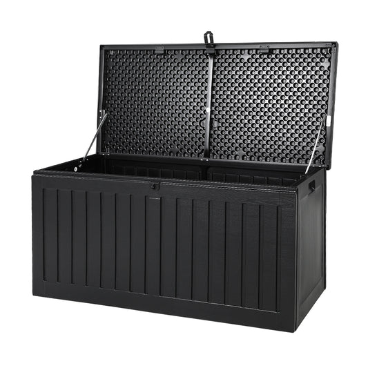 Perfect size 270L black outdoor storage box with lockable lid used as garden bench seating