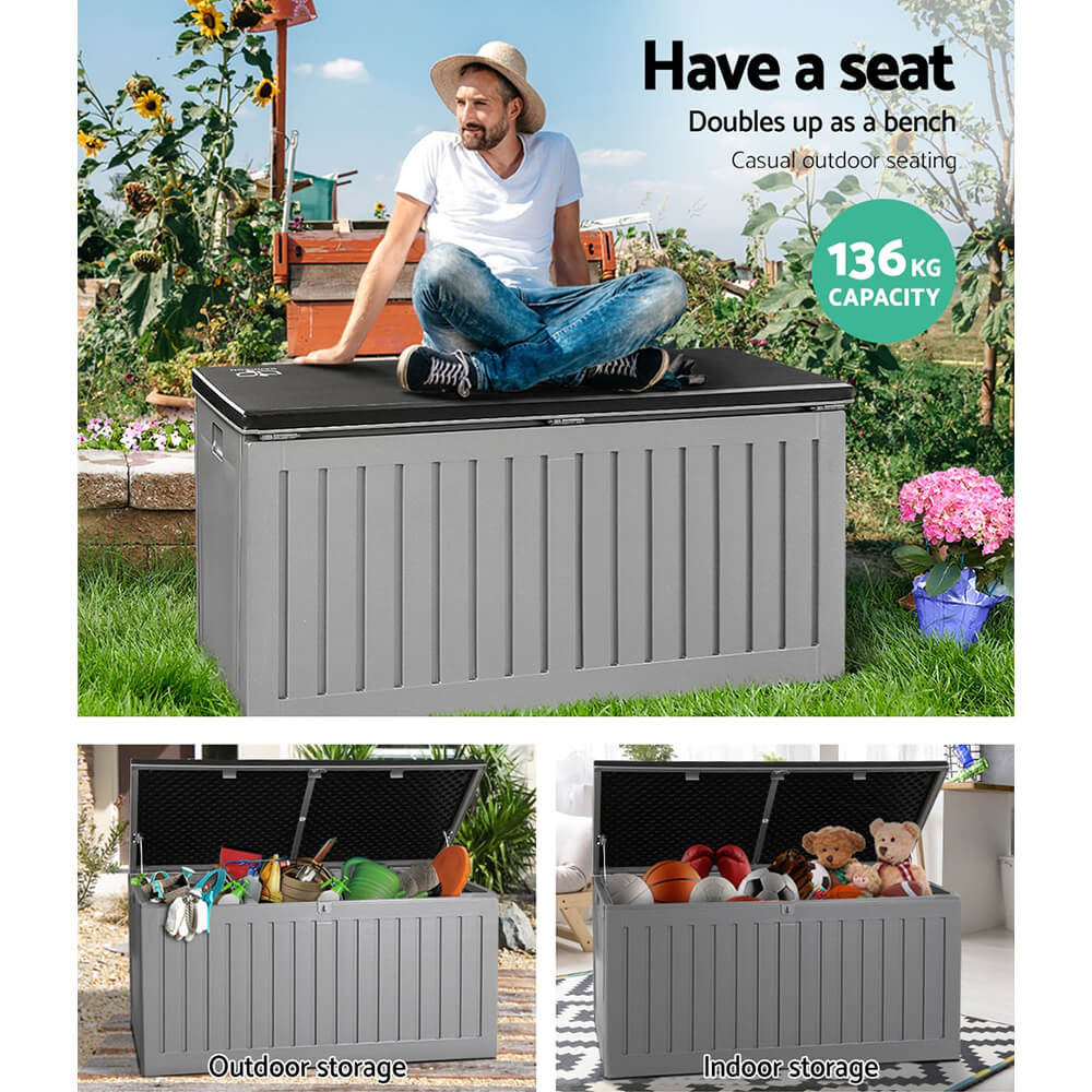 Lockable lid on 270L outdoor storage bench securing garden tools and equipment