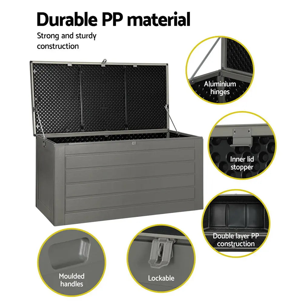 Weather resistant outdoor storage box with lockable lid and handles