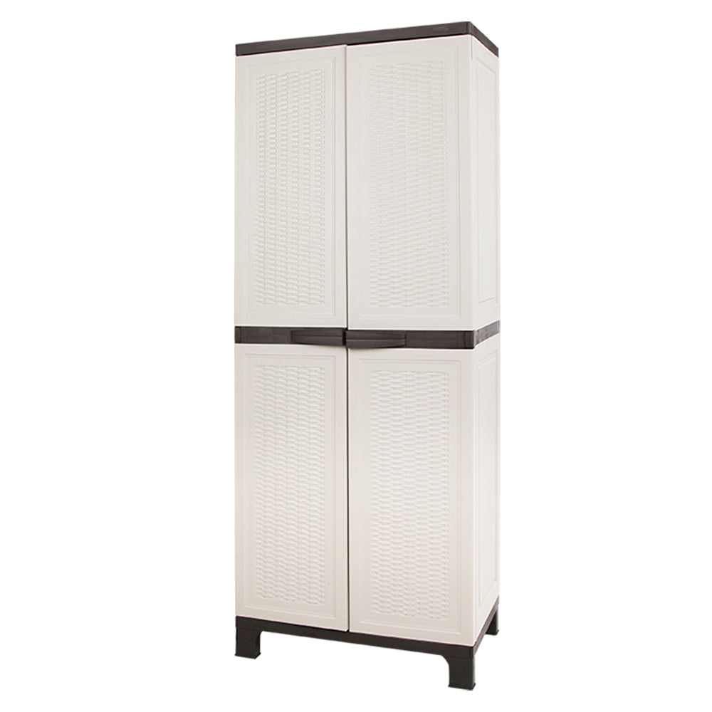 Tall Outdoor Storage Cabinet 173cm – Lockable Weatherproof Garden Shed with Adjustable Shelves – Rattan Look Beige