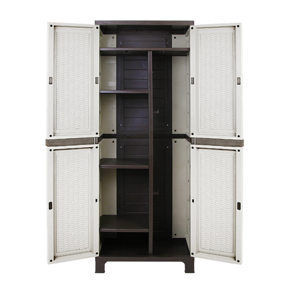 Tall Outdoor Storage Cabinet 173cm – Lockable Weatherproof Garden Shed with Adjustable Shelves – Rattan Look Beige