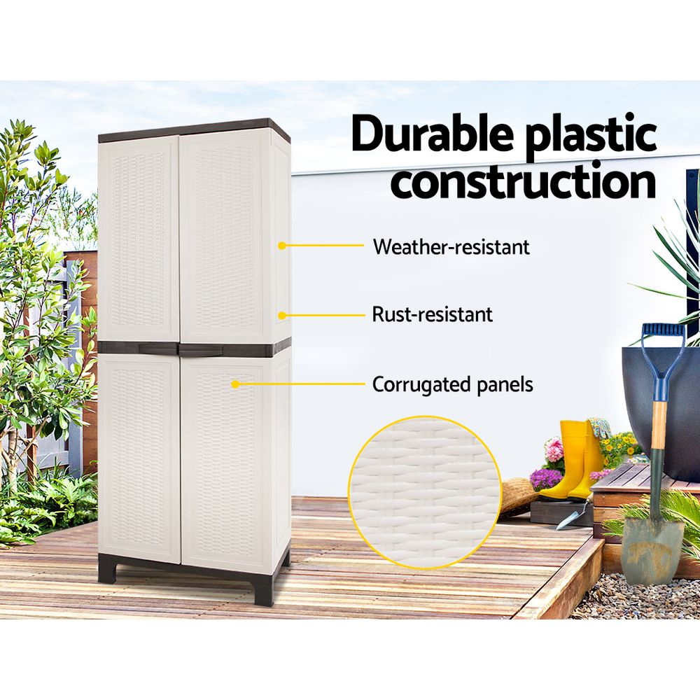 Tall Outdoor Storage Cabinet 173cm – Lockable Weatherproof Garden Shed with Adjustable Shelves – Rattan Look Beige