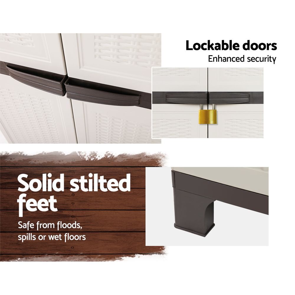 Tall Outdoor Storage Cabinet 173cm – Lockable Weatherproof Garden Shed with Adjustable Shelves – Rattan Look Beige