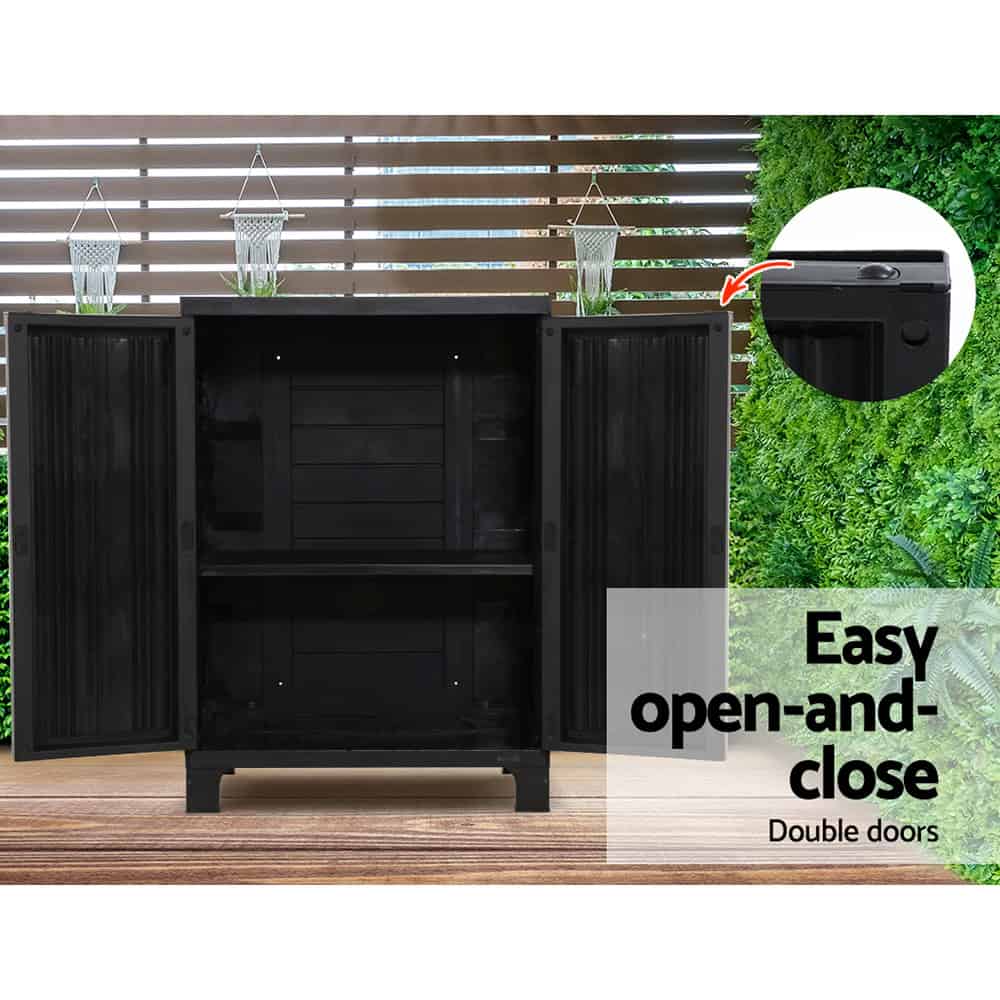 Outdoor Storage Cabinet 92cm – Lockable Garden Cupboard with Adjustable Shelves | Black Weatherproof Plastic