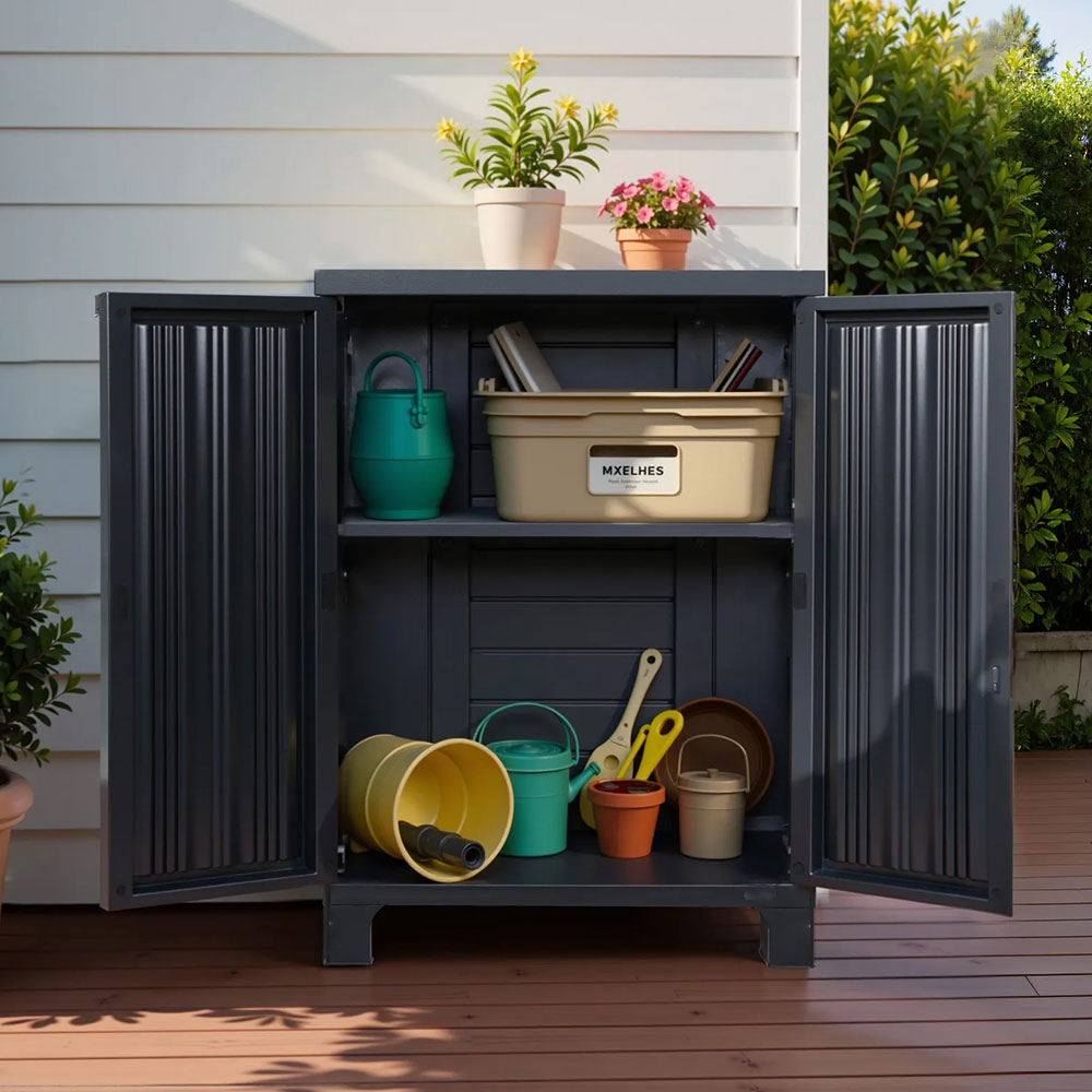 Outdoor Storage Cabinet 92cm – Lockable Garden Cupboard with Adjustable Shelves | Black Weatherproof Plastic