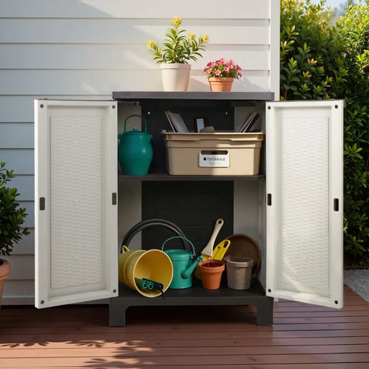 Compact outdoor storage cabinet on Australian patio with garden tools organized inside