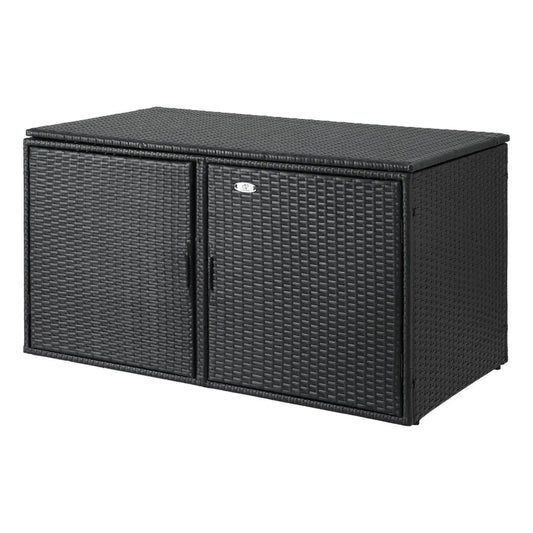 Large black wicker outdoor storage cabinet 333L capacity with dual opening design for deck and patio storage