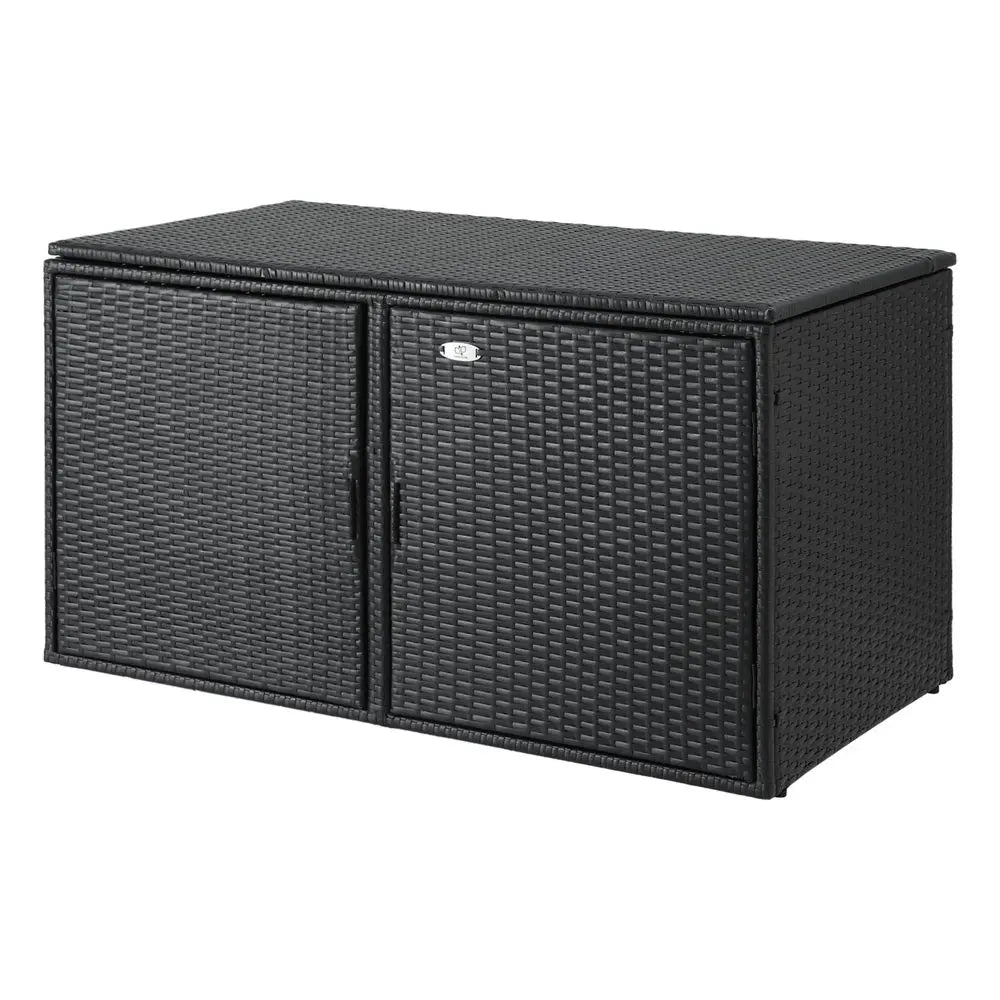 Large black wicker outdoor storage cabinet 333L capacity with dual opening design for deck and patio storage
