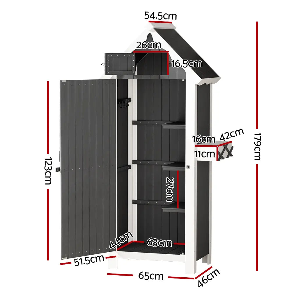 Three-tier wooden shelving system inside outdoor storage cabinet showing organized garden tools and supplies