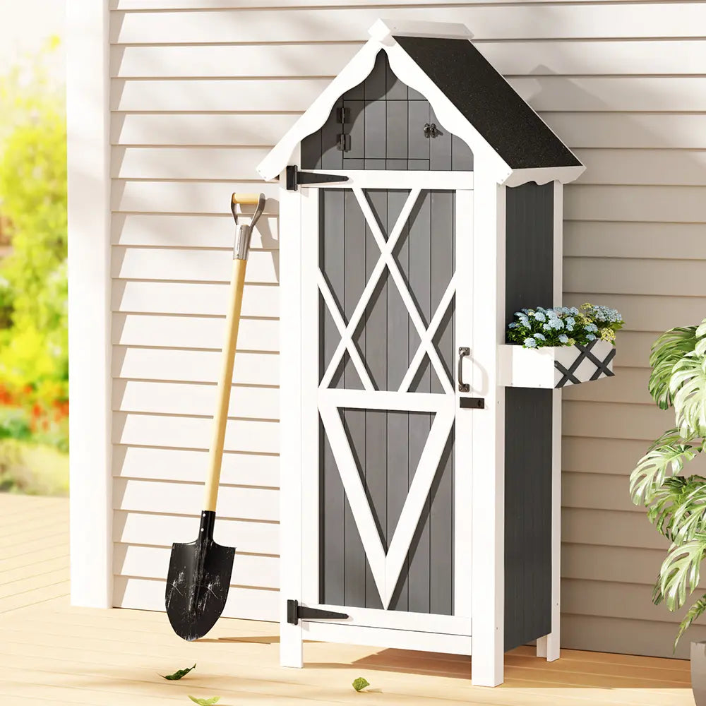 Australian family garden showing organized outdoor storage cabinet with tools, pots and gardening supplies neatly arranged