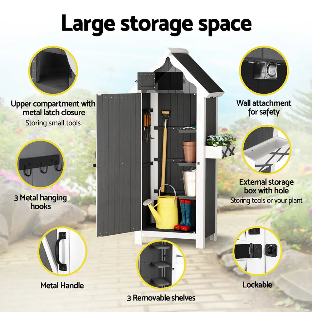 Magnetic latch door mechanism and metal handle on weatherproof outdoor storage cabinet showing security features
