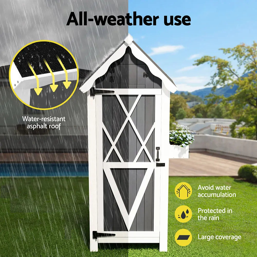 Fully assembled grey and white wooden garden storage shed cabinet with cottage-style design for outdoor use