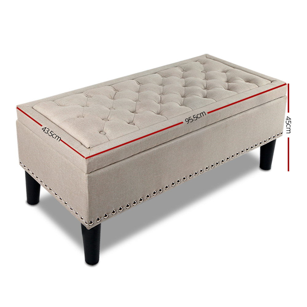 Large Storage Ottoman Bench 96cm Linen Taupe - Extra Seating & Hidden Storage for Living Room Bedroom Australia