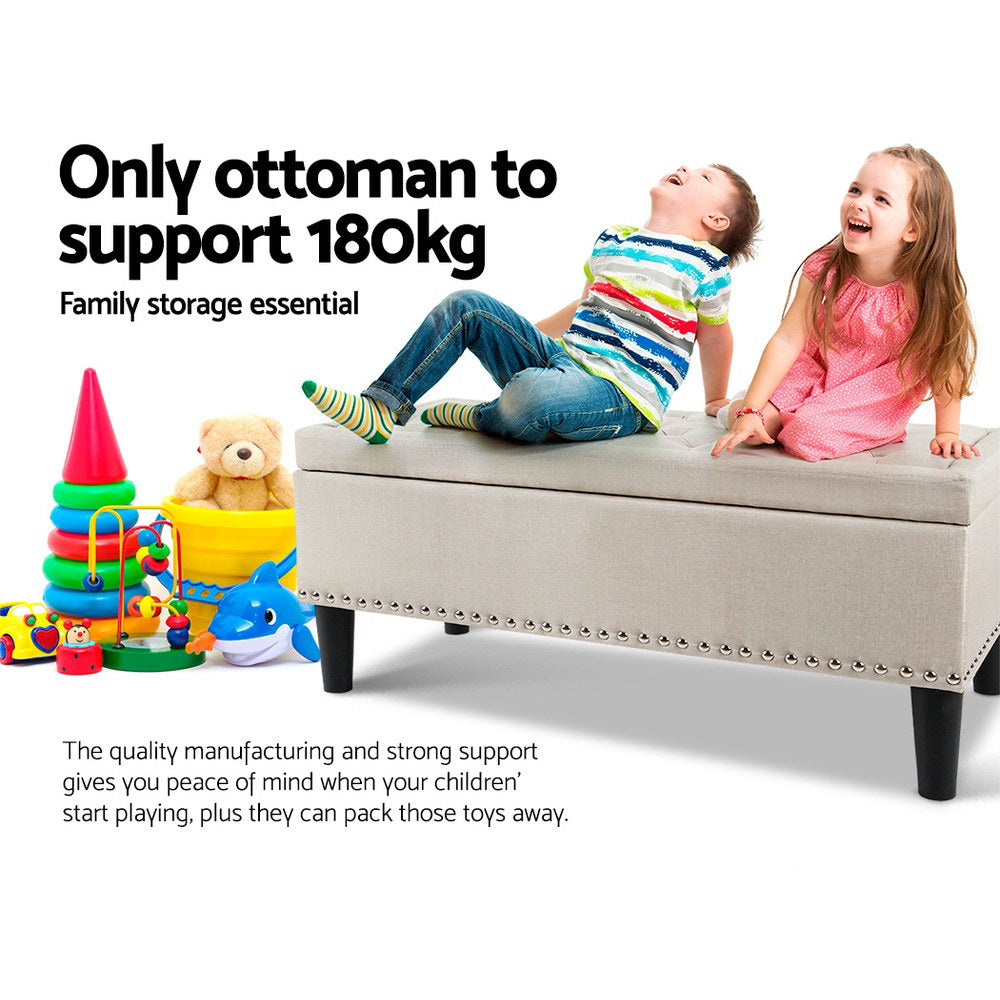 Large Storage Ottoman Bench 96cm Linen Taupe - Extra Seating & Hidden Storage for Living Room Bedroom Australia