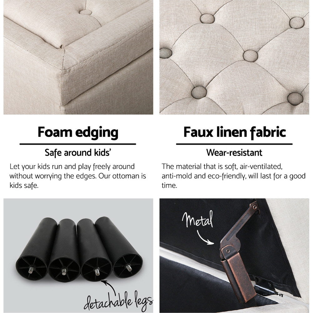 Large Storage Ottoman Bench 96cm Linen Taupe - Extra Seating & Hidden Storage for Living Room Bedroom Australia