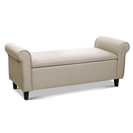 Large taupe linen storage ottoman bench 125cm with padded arms and hidden storage