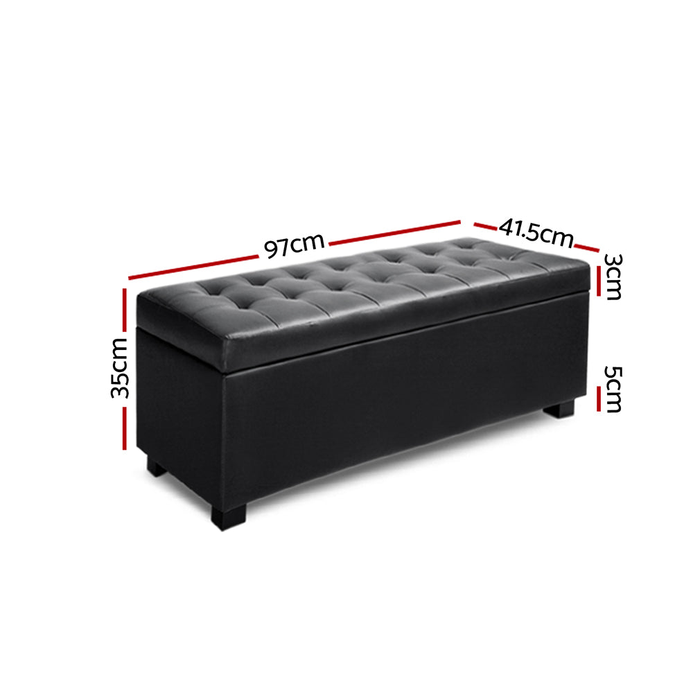 Artiss 97cm Black Storage Ottoman – PU Leather Blanket Box & Bench Seat with Hidden Storage