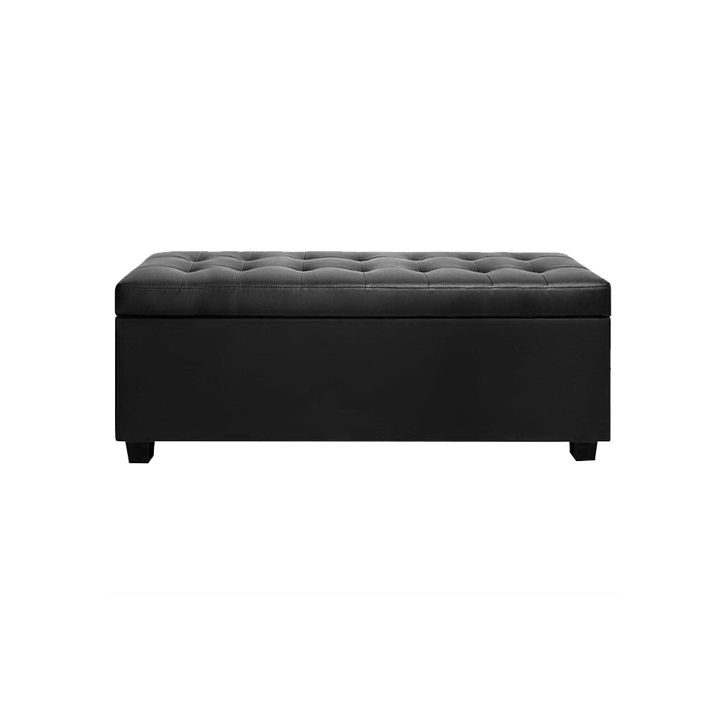 Artiss 97cm Black Storage Ottoman – PU Leather Blanket Box & Bench Seat with Hidden Storage