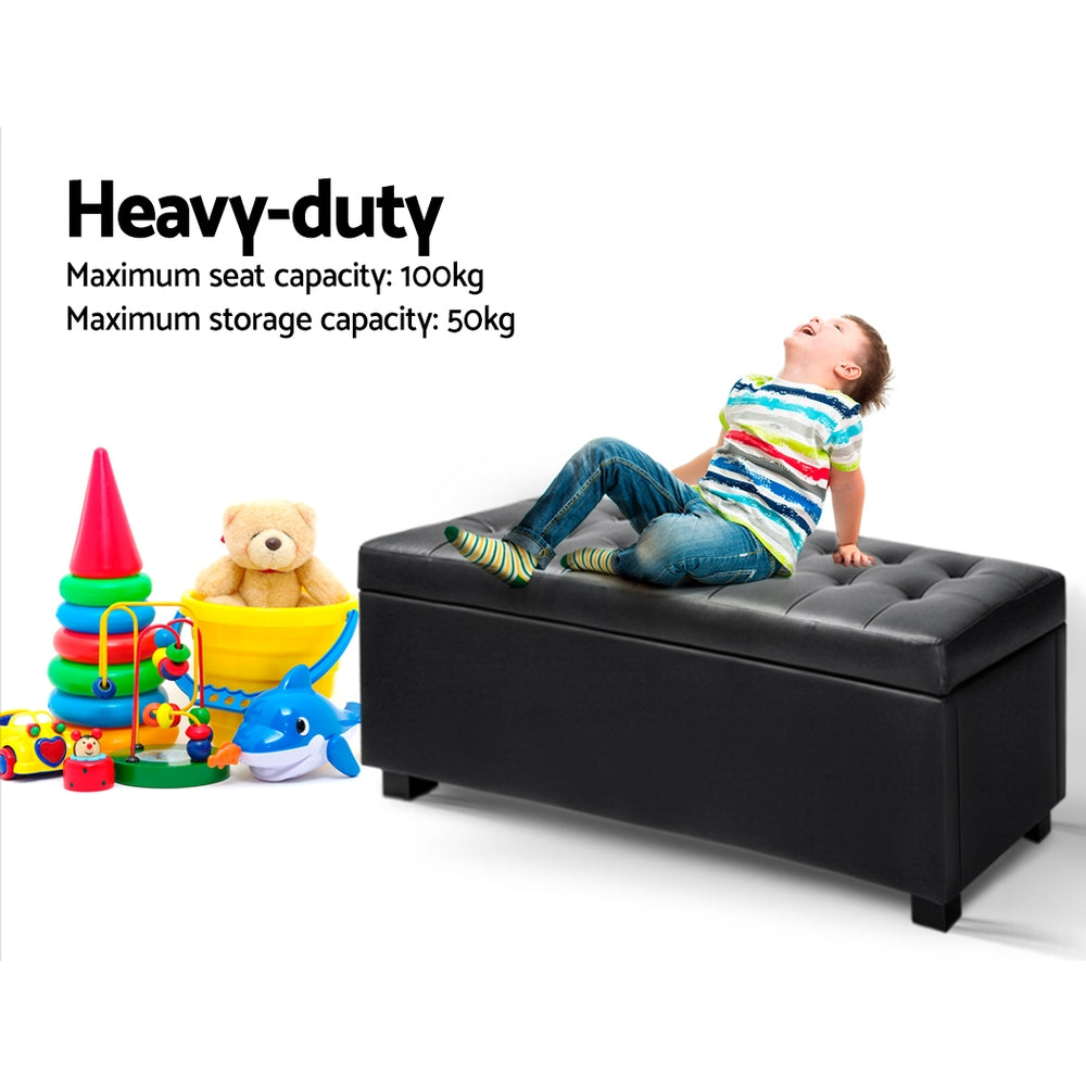 Artiss 97cm Black Storage Ottoman – PU Leather Blanket Box & Bench Seat with Hidden Storage