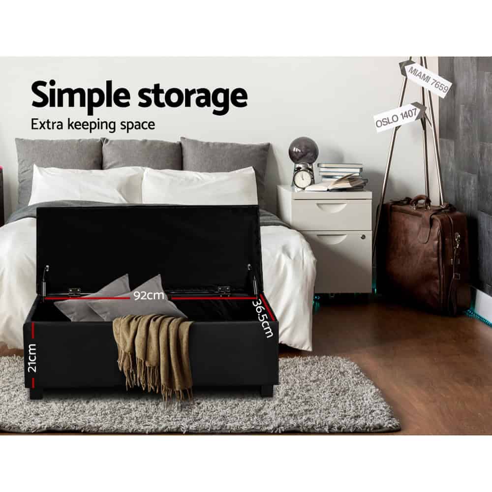Artiss 97cm Black Storage Ottoman – PU Leather Blanket Box & Bench Seat with Hidden Storage