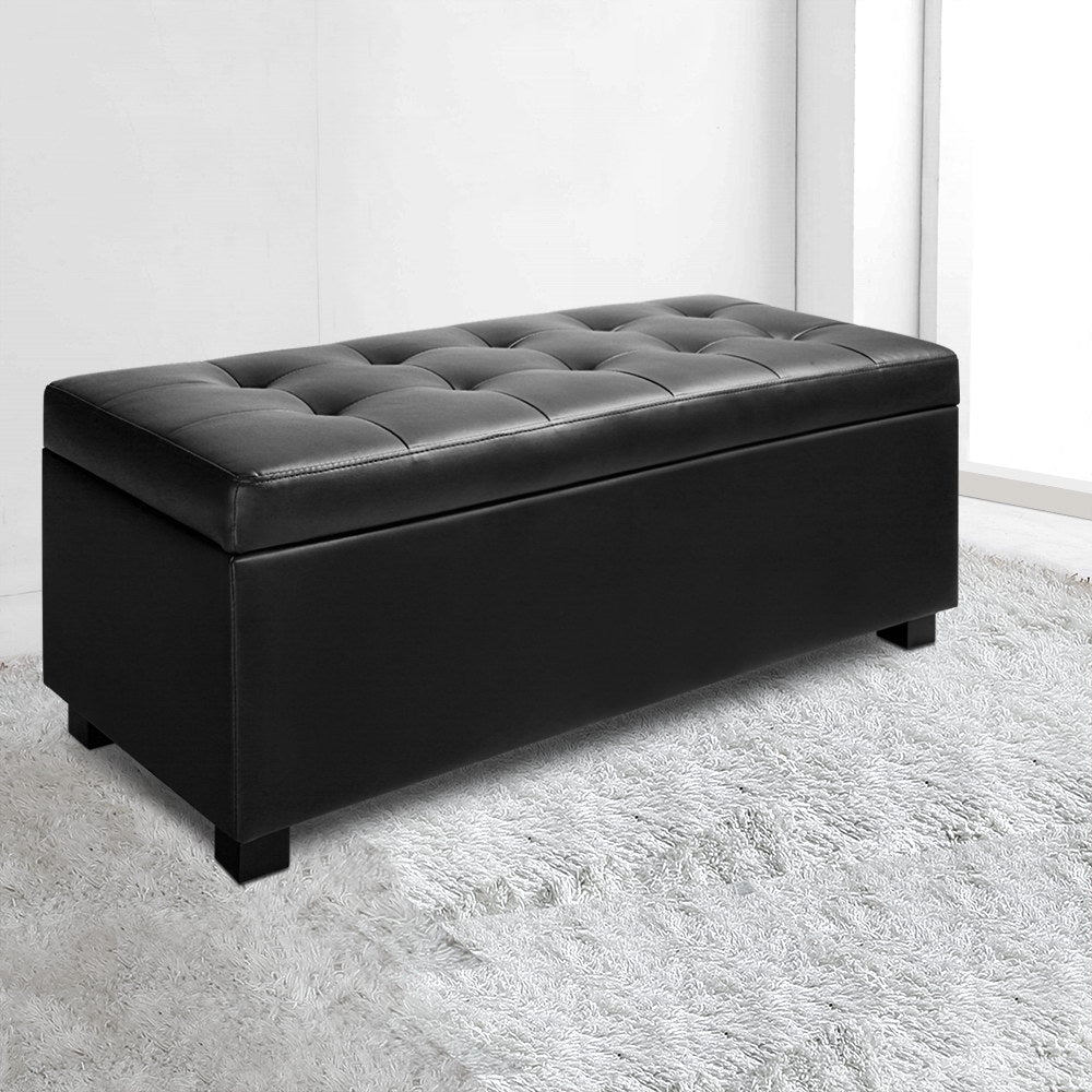 Artiss 97cm Black Storage Ottoman – PU Leather Blanket Box & Bench Seat with Hidden Storage