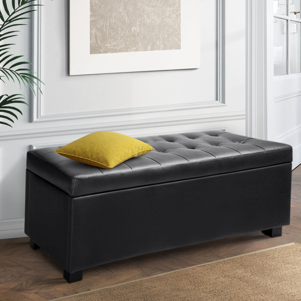 Artiss 97cm Black Storage Ottoman – PU Leather Blanket Box & Bench Seat with Hidden Storage