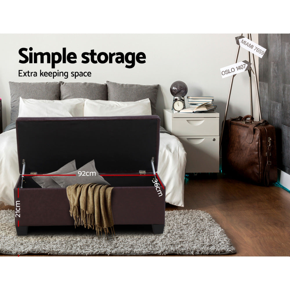 Storage ottoman open view – brown PU leather and wood frame