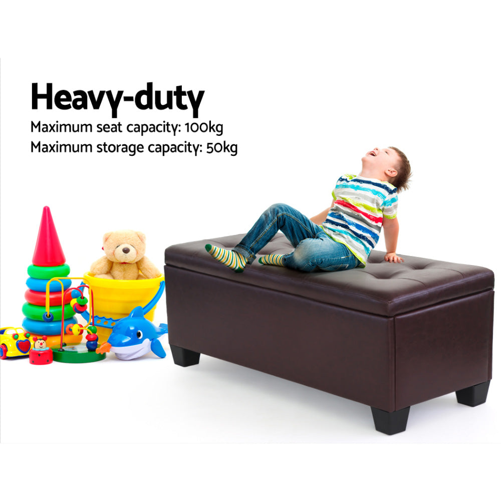 97cm Brown Leather Storage Ottoman Bench – Solid Wood | Smart Storage AU