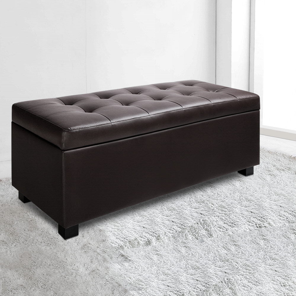 97cm Brown Leather Storage Ottoman Bench – Solid Wood | Smart Storage AU