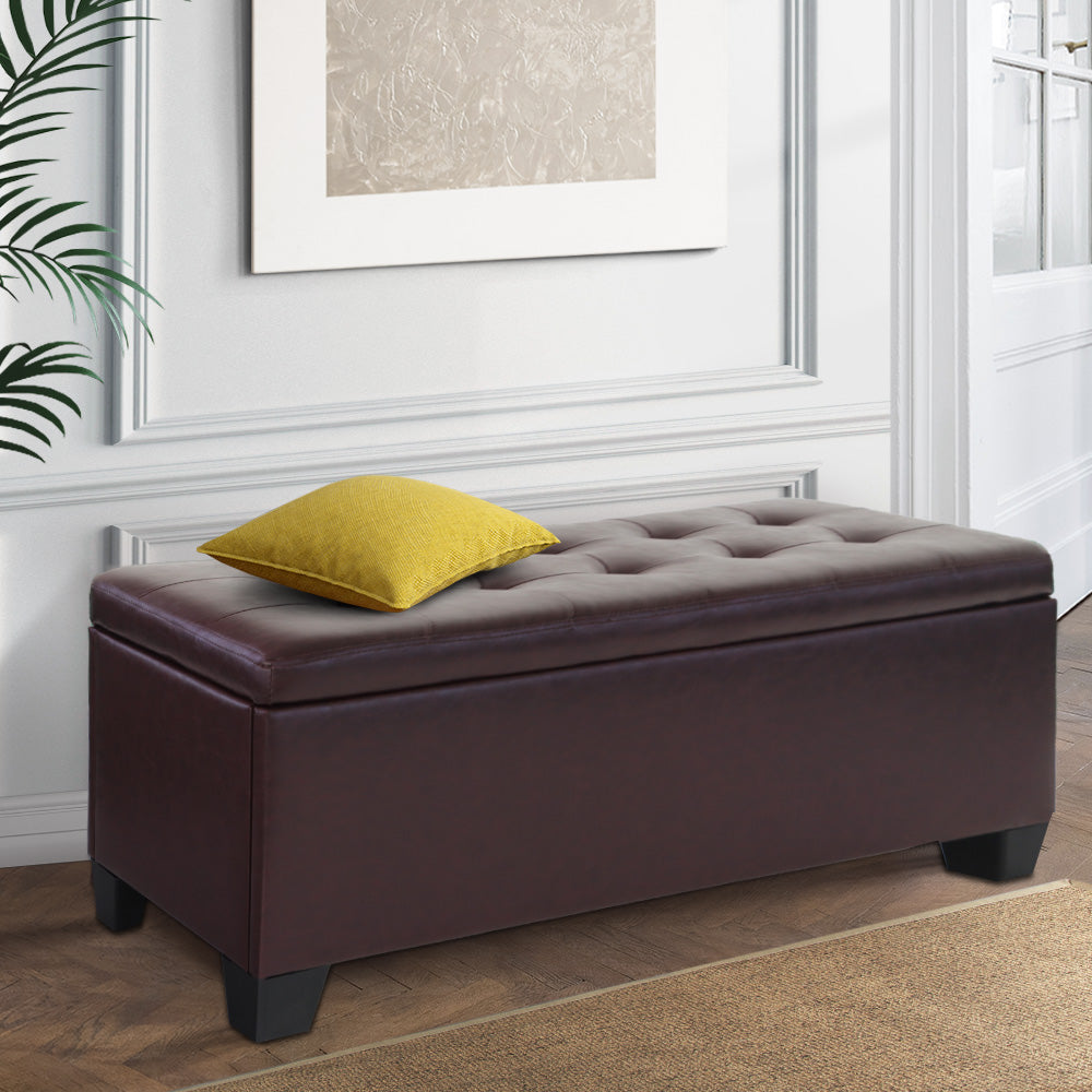 97cm Brown Leather Storage Ottoman Bench – Solid Wood | Smart Storage AU
