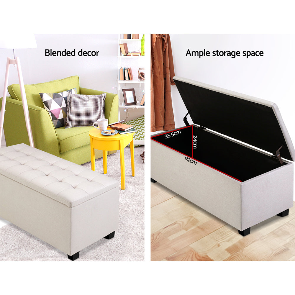 Storage Ottoman Blanket Box – 97cm Faux Linen Bench Seat with Hidden Storage (Beige)