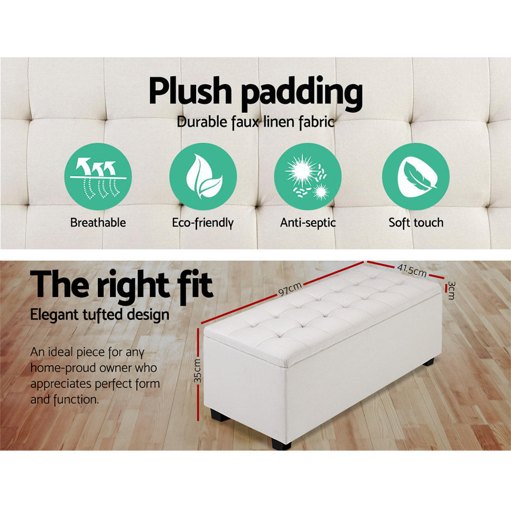 Storage Ottoman Blanket Box – 97cm Faux Linen Bench Seat with Hidden Storage (Beige)