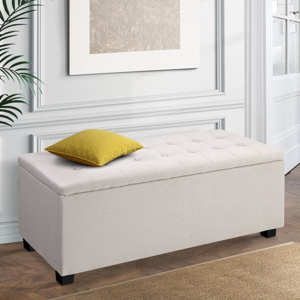 Storage Ottoman Blanket Box – 97cm Faux Linen Bench Seat with Hidden Storage (Beige)
