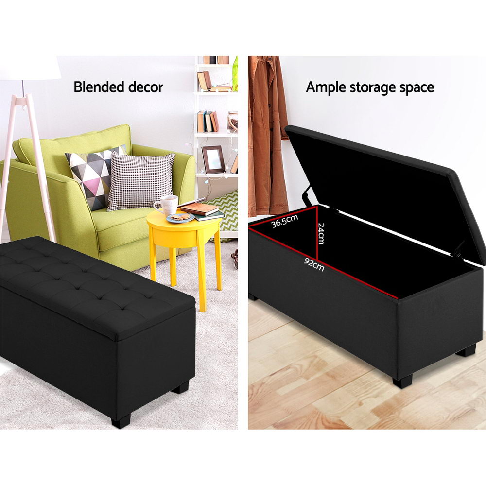 black ottoman seat with hidden compartment and solid frame