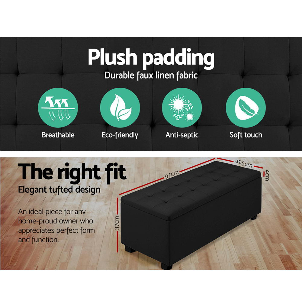 97cm Storage Ottoman Blanket Box – Linen Black with Lift-Up Lid & Solid Wood Frame