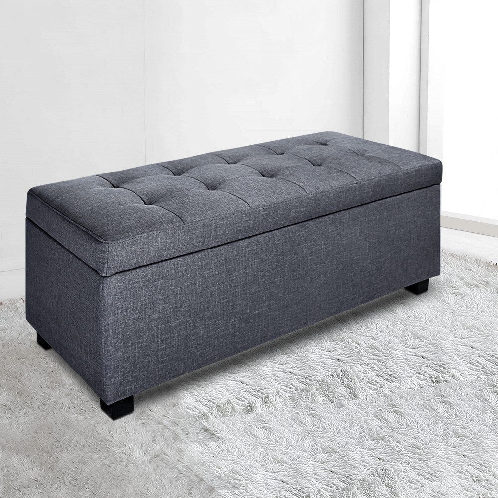 Premium Grey Linen Ottoman Bench with Storage | 97cm Solid Wood Frame