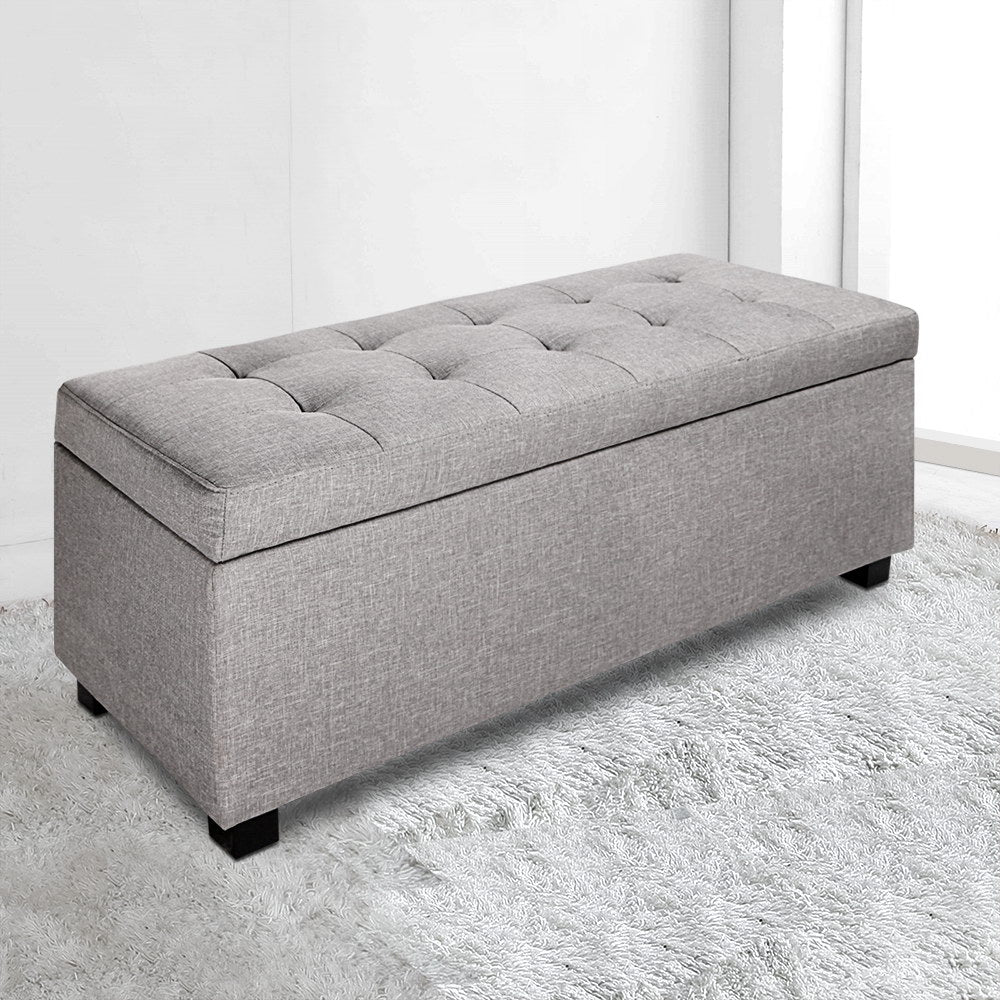 Artiss Storage Ottoman Blanket Box – 97cm Light Grey Linen, Seat & Storage Solution