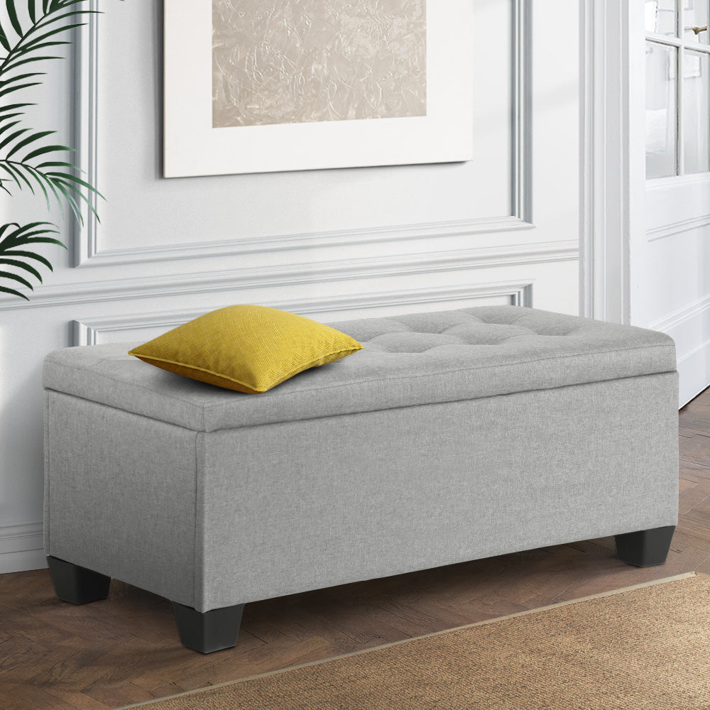 Artiss Storage Ottoman Blanket Box – 97cm Light Grey Linen, Seat & Storage Solution