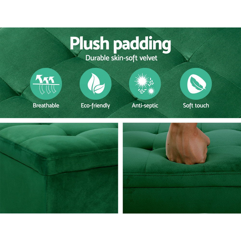 Artiss Velvet Storage Ottoman 98cm – Green Blanket Box with Lift-Up Lid