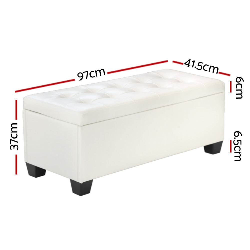 Luxury 97cm Storage Ottoman Bench – White Faux Leather, Hidden Blanket Chest