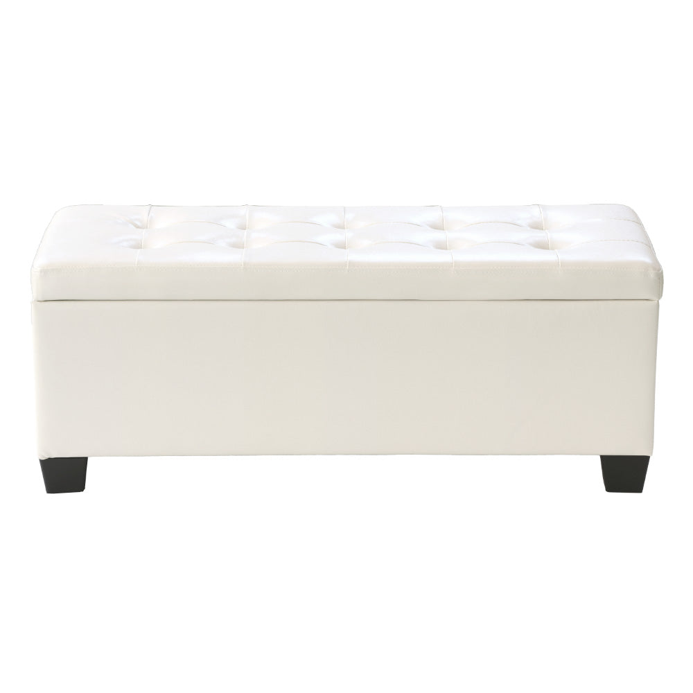 Luxury 97cm Storage Ottoman Bench – White Faux Leather, Hidden Blanket Chest