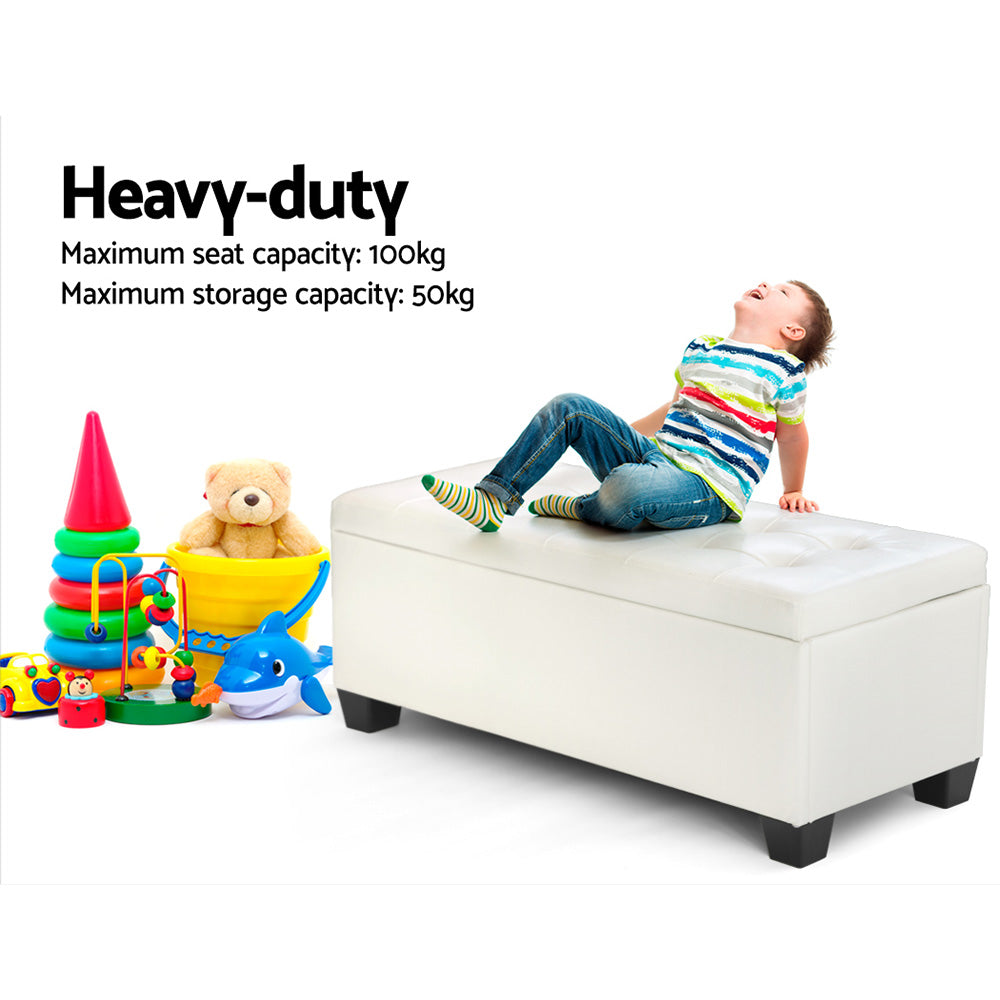 Luxury 97cm Storage Ottoman Bench – White Faux Leather, Hidden Blanket Chest