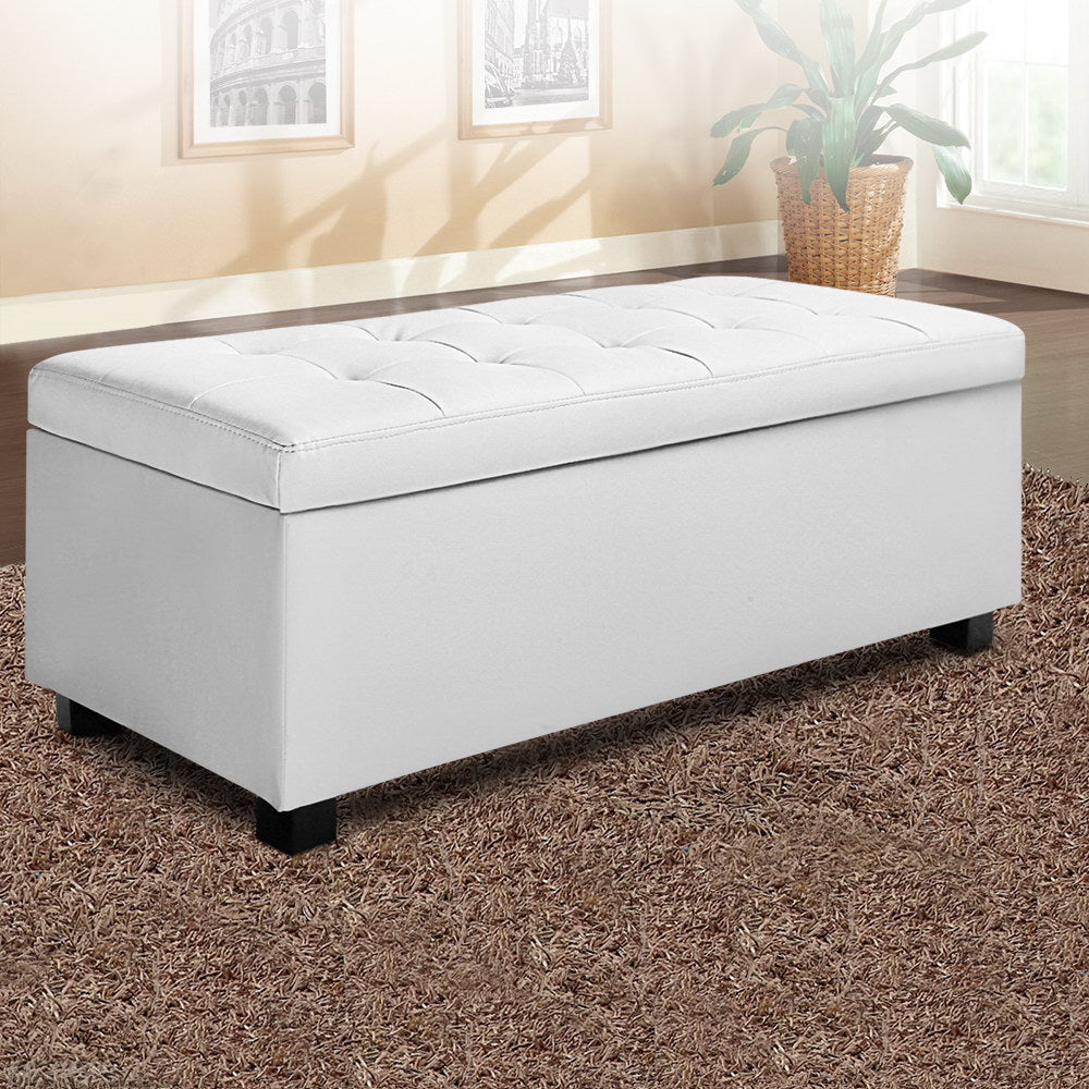 Luxury 97cm Storage Ottoman Bench – White Faux Leather, Hidden Blanket Chest