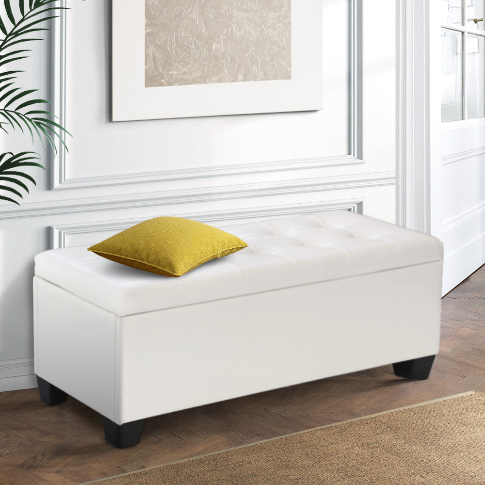 Luxury 97cm Storage Ottoman Bench – White Faux Leather, Hidden Blanket Chest