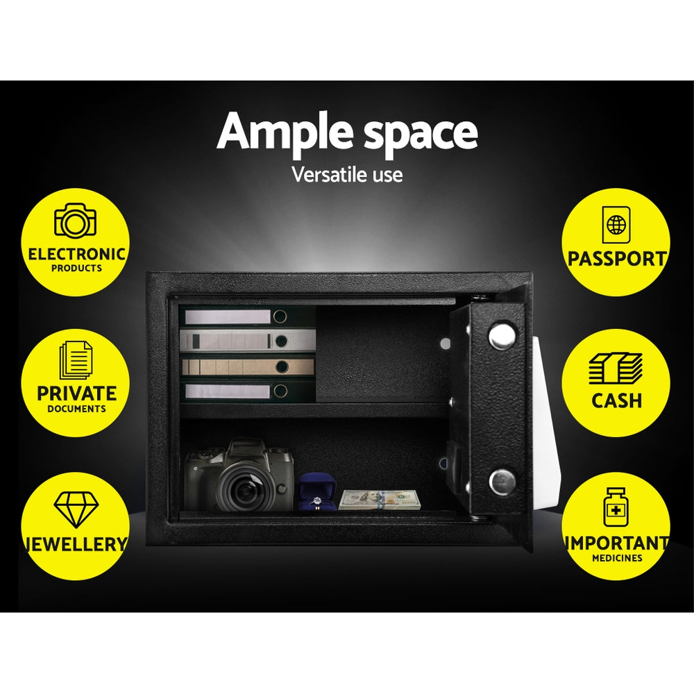 Steel digital safe interior showing carpeted storage compartment