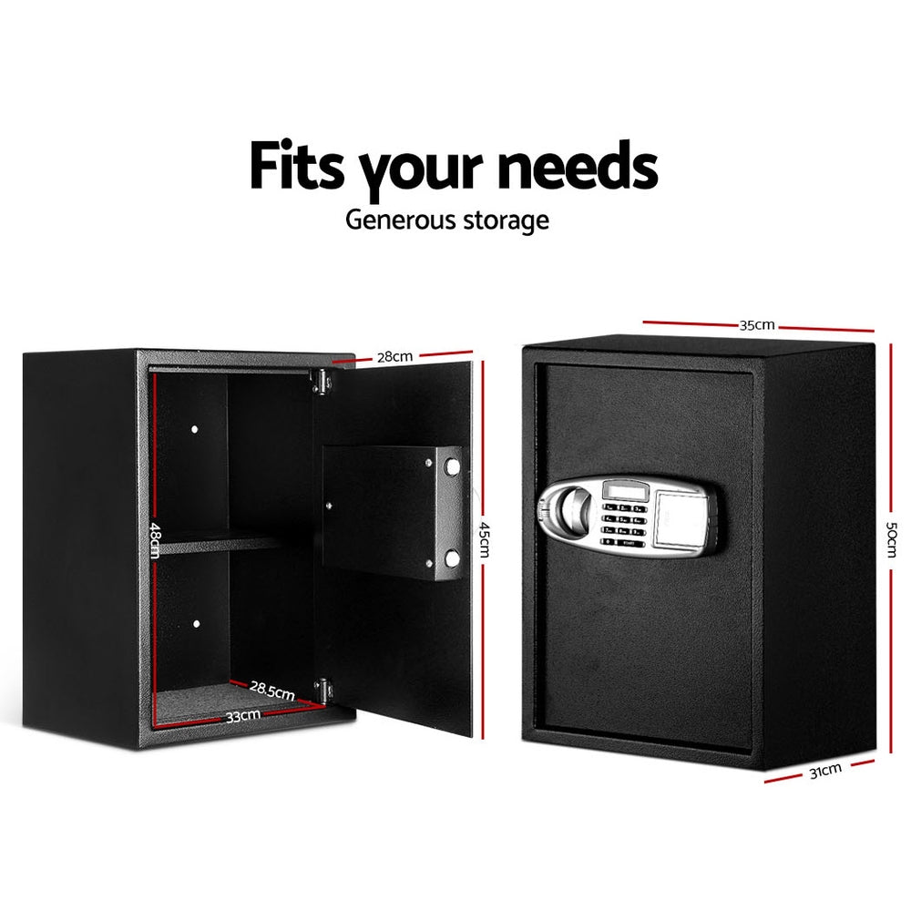Spacious interior of family security safe showing removable 2-tier shelves and carpeted storage